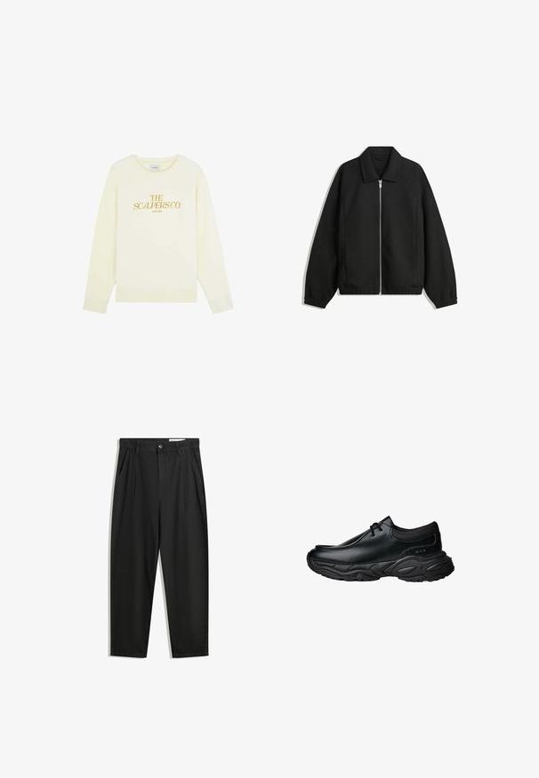 Black jacket made of textured fabric, featuring a full front zip, collar, and elastic cuffs with a relaxed fit and side pockets.; Scalpers ATELIER - Sweatshirt - off white; Black cotton trousers with a relaxed fit, featuring a classic waistband, front pleats, and side pockets. Smooth texture without patterns.; Black leather slip-on shoes with a rounded toe and thick textured rubber sole. Features subtle stitching and elastic accents at the collar.