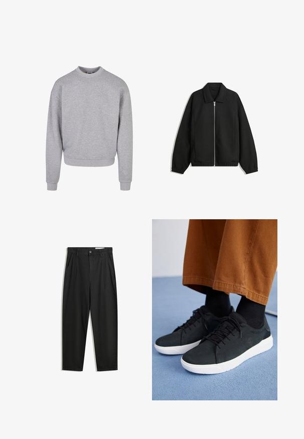 Zwarte jas van textuurstof, met een volledige rits aan de voorkant, een kraag, elastische manchetten, een ontspannen pasvorm en zijzakken.; Grijze sweatshirt met een ronde hals, lange mouwen en geribde manchetten. Gemaakt van een zachte, gestructureerde stof met een ontspannen pasvorm.; Zwarte katoenen broeken met een losse pasvorm, voorzien van een klassieke tailleband, voorplooien en zijzakken. Gladde structuur zonder patronen.; Zwarte suède sneakers met witte rubberen zolen, voorzien van een vetersluiting ontwerp, textuuraccenten en subtiele branding, gedragen met bruine broeken.