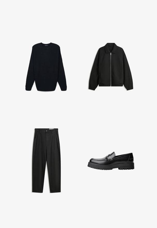 Schwarze Jacke aus strukturiertem Stoff, mit vollem Reißverschluss auf der Vorderseite, Kragen und elastischen Manschetten, im entspannten Schnitt und mit seitlichen Taschen.; Dunkelgrüner Strickpullover mit rundem Ausschnitt und langen Ärmeln. Merkmale sind der strukturierte Stoff sowie die gerippten Bündchen und der Saum.; Schwarze Baumwollhose mit lockerem Schnitt, ausgestattet mit einem klassischen Bund, vorderen Falten und Seiten taschen. Glatte Textur ohne Muster.; Schwarzer Lederloafer mit grobem, rutschfestem Sohlenprofil und dekorativem Riemen über der Oberseite, seitlich links auf weißem Hintergrund abgebildet.