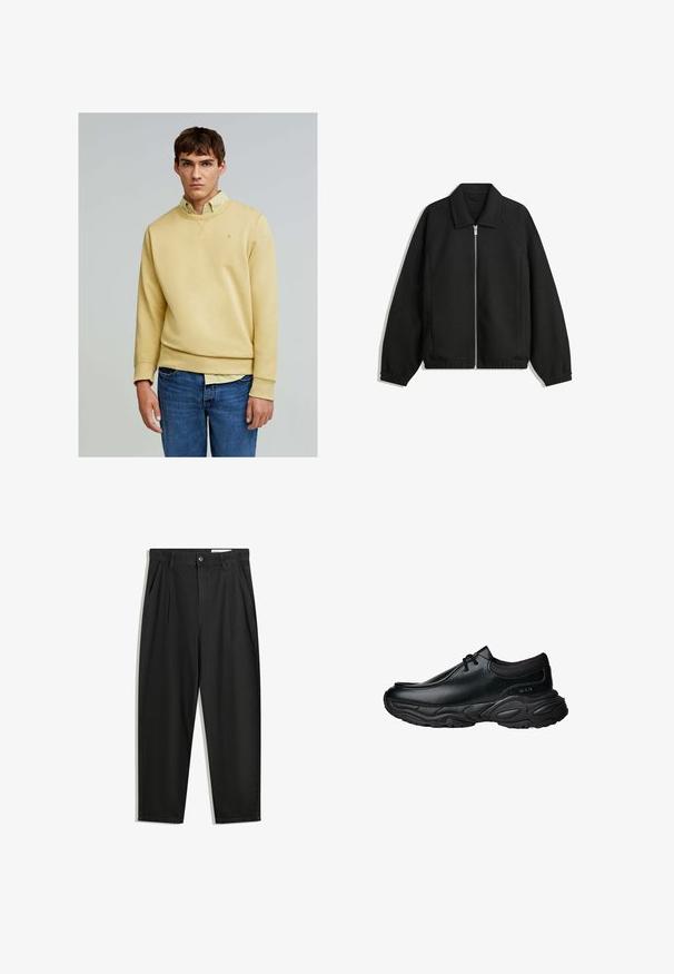 Czarna kurtka z teksturowanej tkaniny, z pełnym zamkiem z przodu, kołnierzem i elastycznymi mankietami, o luźnym kroju i kieszeniach po bokach.; Scalpers - Bluza; Czarne bawełniane spodnie o luźnym kroju, z klasycznym pasem, przednimi plisy oraz bocznymi kieszeniami. Gładka struktura, bez wzorów.; Czarne skórzane buty wsuwane z okrągłym noskiem i grubą, teksturowaną gumową podeszwą. Posiadają subtelne przeszycia oraz elastyczne akcenty na kołnierzu.