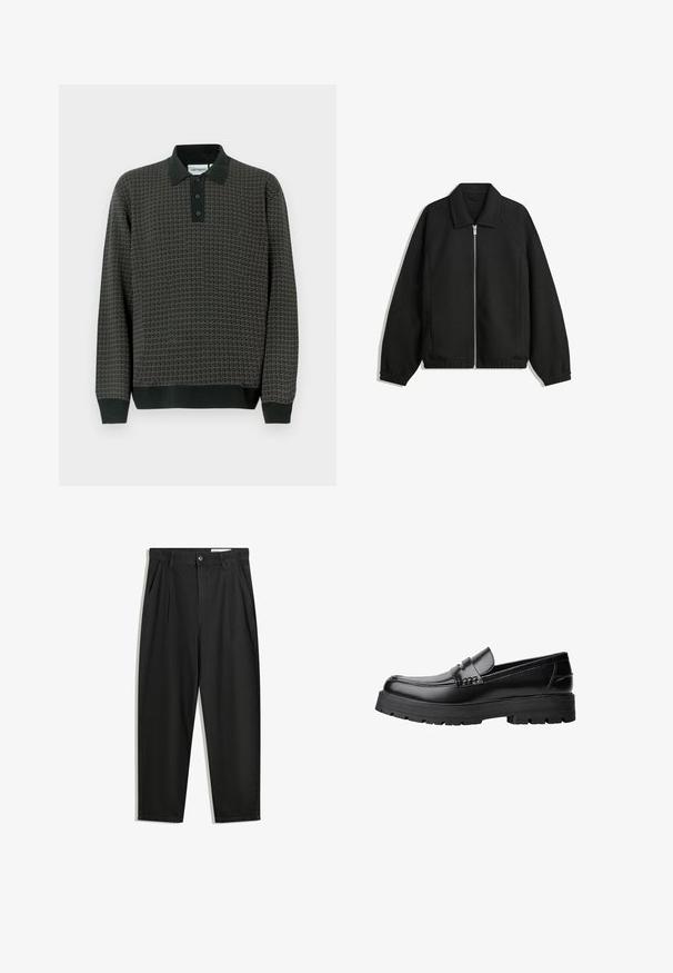 Zwarte jas van textuurstof, met een volledige rits aan de voorkant, een kraag, elastische manchetten, een ontspannen pasvorm en zijzakken.; Donkergrijze gestreepte poloshirt met lange mouwen, een zwarte kraag, een drie-knopen knoopsluiting en geribde manchetten aan de mouwen en zoom.; Zwarte katoenen broeken met een losse pasvorm, voorzien van een klassieke tailleband, voorplooien en zijzakken. Gladde structuur zonder patronen.; Zwarte leren loafer met een chunky profielzool en een decoratieve band over de bovenkant, weergegeven in het linkerzijprofiel op een witte achtergrond.