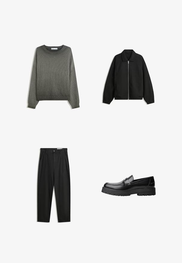 Jachetă neagră dintr-un material texturat, cu fermoar frontal complet, guler și manșete elastice, având o croială lejeră și buzunare laterale.; Pulover verde din tricot cu discount, cu guler rotund și mâneci lungi, având o croială lejeră și un model de țesătură texturată.; Pantaloni negri din bumbac cu croială lejeră, având un brâu clasic, plii frontale și buzunare laterale. Textură netedă fără modele.; Mocasini din piele neagră, cu talpă groasă și profilată și bandă decorativă pe partea superioară, prezentati din profil stâng pe fundal alb.