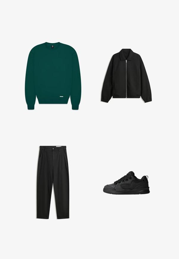 Sort jakke lavet af struktureret stof, med fuld frontlynlås, krave og elastiske mansjetter, i en afslappet pasform og sidelommer.; Mørkegrøn crewneck sweatshirt, blanding af bomuld, ribbede cuffs og kant, minimalistisk design med et lille logo tag nederst til venstre.; Sorte bomuldsbukser med en afslappet pasform, der har en klassisk talje, frontfolder og sidelommer. Glat tekstur uden mønstre.; Sorte sneakers med en struktureret overdel, som har snørebånd, meshdetaljer for åndbarhed, polstret krave og en robust ydersål.