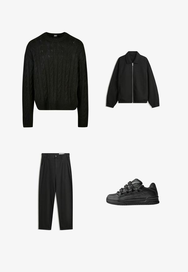 Musta takki, joka on valmistettu teksturoidusta kankaasta ja jossa on koko etuvetoketju, kaulus ja joustavat hihansuut. Takissa on rento istuvuus ja sivutaskut.; Musta neulepaita, jossa on kaapeliteksti kuvioita, pyöreä pääntie, pudotetut olkapäät ja ribbaushelma. Keskipitkä malli, jossa on teksturoitu pinta.; Mustat puuvillahousut rentoa mallia, joissa on klassinen vyötärö, etukangastukset ja sivutaskut. Sileä pinta ilman kuvioita.; Mustat tennarit, joissa on sileä nahkapinta, teksturoituja yksityiskohtia ja pyöreät musta-valkoiset nauhat. Paksu kumipohja, jossa on kuvioitu pinta.