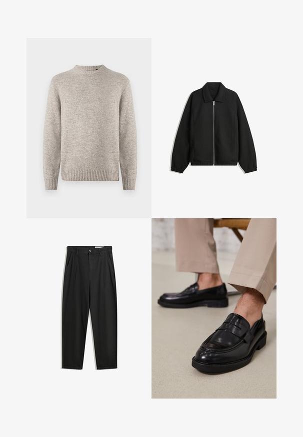Jachetă neagră dintr-un material texturat, cu fermoar frontal complet, guler și manșete elastice, având o croială lejeră și buzunare laterale.; Pulover tricotat gri deschis, cu guler rotund, manșete și tiv striate, și un finisaj texturat. Fără modele sau accente vizibile.; Pantaloni negri din bumbac cu croială lejeră, având un brâu clasic, plii frontale și buzunare laterale. Textură netedă fără modele.; Loafers negre din piele cu o finisare netedă, având o curea decorativă și cusături contrastante, asortați cu pantaloni bej.