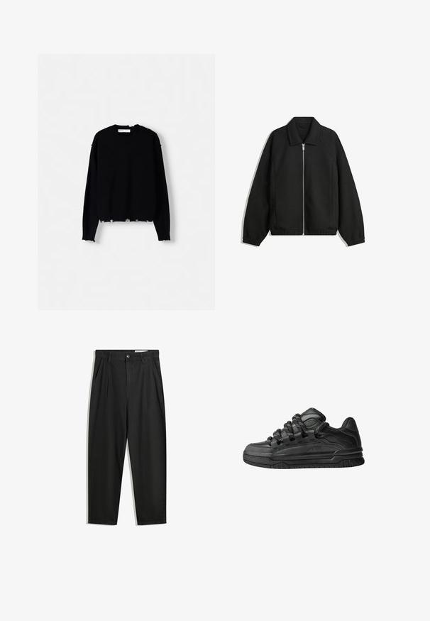 Črna jakna iz teksturirane tkanine, z dvostranskim zadrgo spredaj, ovratnikom in elastičnimi manšeti, sproščenega kroja in stranskimi žepi.; Črna pletena pulover s krožnim izrezom, dolgimi rokavi in razfrkanim robom. Ima rebraste manšete in sproščen kroj.; Črne bombažne hlače s sproščenim krojem, ki vključujejo klasičen pas, sprednje gube in stranske žepke. Gladka tekstura brez vzorcev.; Črne superge z gladkim usnjenim zgornjim delom, teksturiranimi detajli in okroglimi črnimi ter belimi vezalkami. Debel gumijast podplat z vzorčastim profilom.