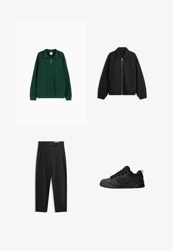 Fekete kabát texturált anyagból, teljes elöl cipzárral, gallérral és rugalmas mandzsettákkal, laza szabással és oldalsó zsebekkel.; Puha, textúrált anyagból készült zöld pulóver. Cipzáras nyakkal, hosszú ujjakkal és laza fit tengelytartóval rendelkezik.; Fekete pamut nadrág laza szabással, klasszikus derékrésszel, elülső hajtásokkal és oldalsó zsebekkel. Simább textúra minta nélkül.; Fekete sportcipő texturált felsőrésszel, fűzőkkel, légáteresztő hálós részletekkel, párnázott bokarésszel és tartós talppal.