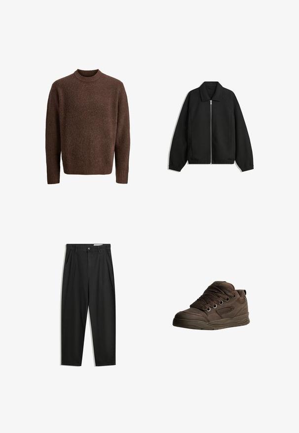 Giacca nera in tessuto texturizzato, con zip frontale a tutta lunghezza, colletto e polsini elasticizzati, dalla vestibilità rilassata e con tasche laterali.; Maglione lavorato a maglia marrone con un motivo testurizzato, scollatura a girocollo a costine e maniche lunghe. Realizzato in materiale morbido e caldo.; Pantaloni in cotone neri con una vestibilità rilassata, dotati di una vita classica, pieghe frontali e tasche laterali. Tessuto liscio senza fantasie.; Scarpe atletiche marroni realizzate in materiale sintetico liscio. Caratterizzate da lacci spessi, dettagli in rete, collo imbottito e suola in gomma testurizzata.