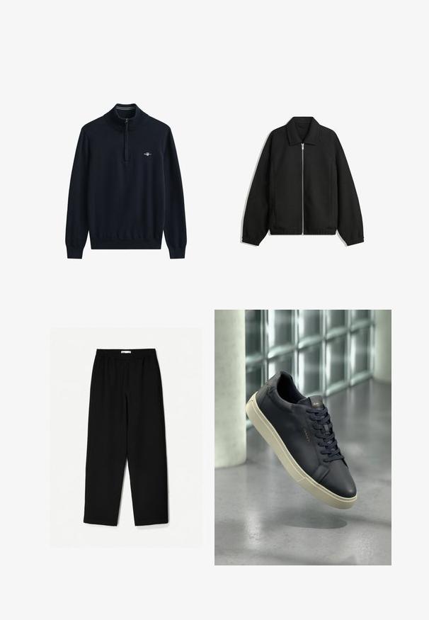 Fekete kabát texturált anyagból, teljes elöl cipzárral, gallérral és rugalmas mandzsettákkal, laza szabással és oldalsó zsebekkel.; Tengerészkék pulóver magas nyakrésszel és fél cipzárral. Bordázott mandzsetták és szegély. Kis fehér logó található a mellkasnál. Puha, kötött anyag.; Fekete, bő szárú nadrág könnyű anyagból. Rugalmas derékrésszel és sima felülettel rendelkezik. Nincsenek látható minták vagy hardverelemek.; Tengerészeti bőr sportcipő lekerekített orral, lapos fűzőkkel és textúrázott talppal; a nyelvén logó található, amelyet egy krémszínű talp kontrasztál.