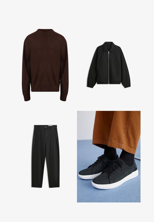 Musta takki, joka on valmistettu teksturoidusta kankaasta ja jossa on koko etuvetoketju, kaulus ja joustavat hihansuut. Takissa on rento istuvuus ja sivutaskut.; Redefined Rebel MILTON BOXY FIT - Neule - demitasse; Mustat puuvillahousut rentoa mallia, joissa on klassinen vyötärö, etukangastukset ja sivutaskut. Sileä pinta ilman kuvioita.; Musta mokkanahkakengät valkoisilla kumipohjilla, joissa on nauhakiinnitys, teksturoituja yksityiskohtia ja huomaamatonta brändäystä, yhdistettynä ruskeisiin housuihin.