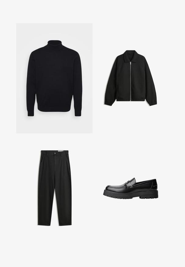 Black jacket made of textured fabric, featuring a full front zip, collar, and elastic cuffs with a relaxed fit and side pockets.; Black turtleneck sweater made from a smooth knit material, featuring long sleeves and a fitted design with a high collar.; Black cotton trousers with a relaxed fit, featuring a classic waistband, front pleats, and side pockets. Smooth texture without patterns.; Black leather loafer with chunky treaded sole and decorative strap across the upper, shown in left side profile on white background.