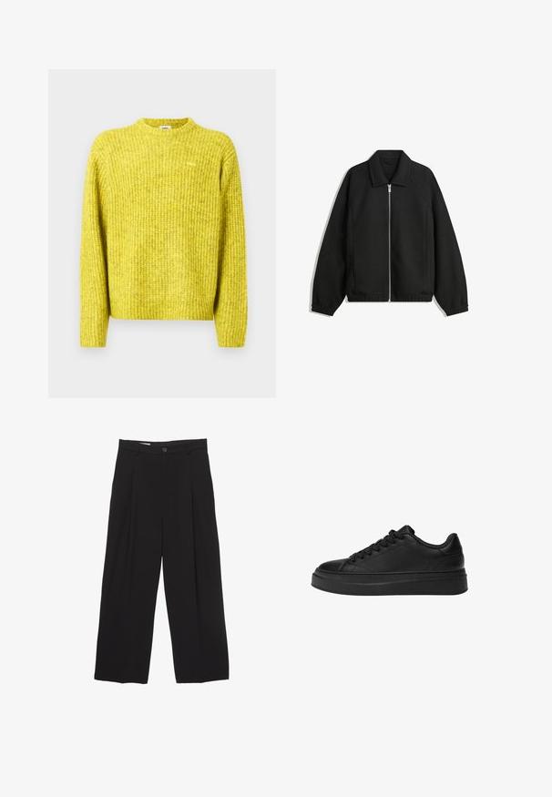 Zwarte jas van textuurstof, met een volledige rits aan de voorkant, een kraag, elastische manchetten, een ontspannen pasvorm en zijzakken.; Geel gebreide trui met geribbelde textuur, ronde halslijn en lange mouwen; met een klein logo op de borst.; Zwarte wijde broek gemaakt van gladde stof, met een platte tailleband, voorplooien en een enkele knoopsluiting.; Zwarte sneaker van gladleer, met een ronde neus, een dikke platformzool en een traditionele vetersluiting met zes vetergaatjes.