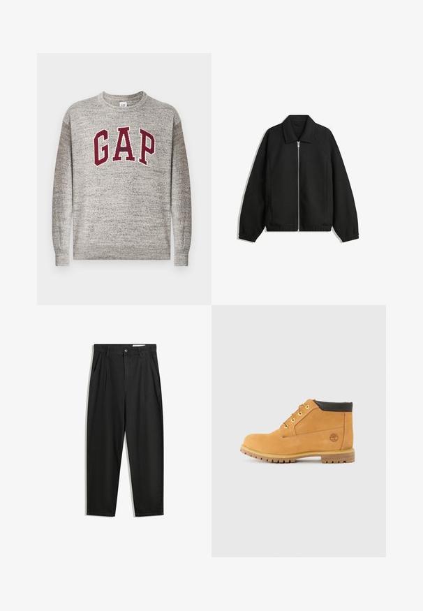 Jachetă neagră dintr-un material texturat, cu fermoar frontal complet, guler și manșete elastice, având o croială lejeră și buzunare laterale.; Pulover gri cu guler rotund, având litere maronii "GAP" și un text mic "Athletic" centrat pe piept, cu manșete și tiv cu nervuri.; Pantaloni negri din bumbac cu croială lejeră, având un brâu clasic, plii frontale și buzunare laterale. Textură netedă fără modele.; Bocanci din piele tan, cu glezna medie, vârf rotund, accente maronii, gromete din metal galben și o talpă rugged. Logo-ul Timberland embosat pe lateral.