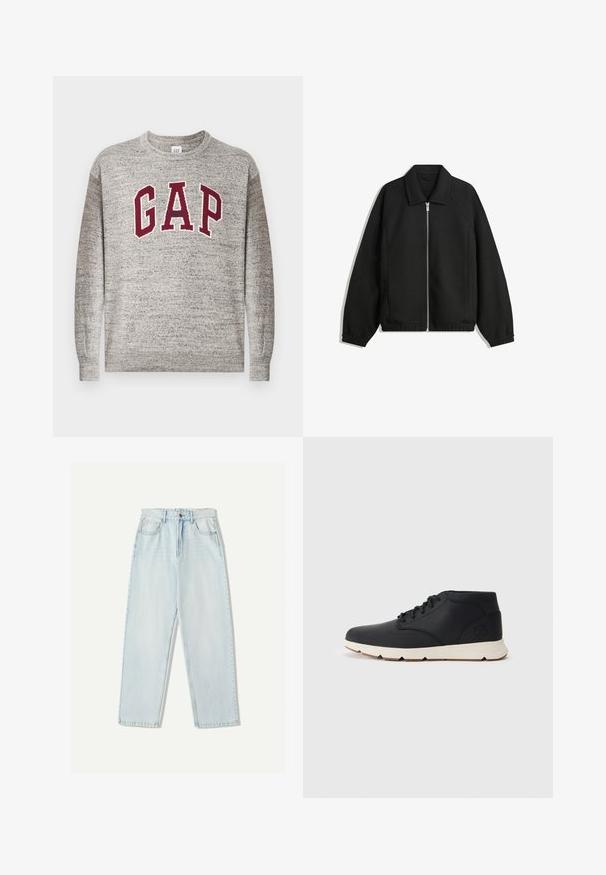 Schwarze Jacke aus strukturiertem Stoff, mit vollem Reißverschluss auf der Vorderseite, Kragen und elastischen Manschetten, im entspannten Schnitt und mit seitlichen Taschen.; Grauer Rundhalsausschnitt-Pullover mit maroonfarbenen "GAP"-Buchstaben und kleinem, zentral platziertem "Athletic"-Text auf der Brust, mit gerippten Bündchen und Saum.; Helle blaue Denim-Jeans mit lässiger Passform, geradem Beindesign, Fünf-Taschen-Stil und dezentem Verblassen des Stoffes.; Schwarze Leder-Chukka-Stiefel mit einer weißen Gummisohle, ausgestattet mit runden Schnürsenkeln und einem seitlich geprägten Logo auf der Ferse. Glatte Textur überall.