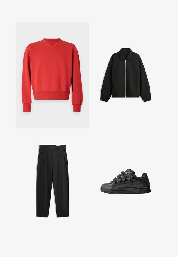 Crna jakna izrađena od teksturirane tkanine, s punim prednjim zatvaračem, ovratnikom i elastičnim manžetama, opuštenog kroja i bočnim džepovima.; Crvena dukserica s okruglim izrezom i dugim rukavima. Glatka tekstura, rebrasti rubovi rukava i donjeg dijela, s suptilnim V-šavom detaljem na ovratniku.; Crne pamučne hlače s opuštenim krojem, s klasičnim pojasom, prednjim nabranjima i bočnim džepovima. Glatka tekstura bez uzoraka.; Crne tenisice s glatkom kožnom gornjom površinom, teksturiranim detaljima i okruglim crnim i bijelim vezicama. Debeli gumeni potplat s uzorkom.