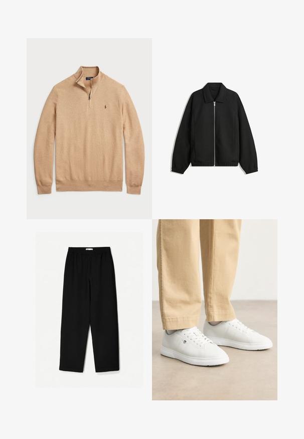 Črna jakna iz teksturirane tkanine, z dvostranskim zadrgo spredaj, ovratnikom in elastičnimi manšeti, sproščenega kroja in stranskimi žepi.; Bežna jopica s patentnim zapenjanjem, narejena iz teksturirane pletenine z rebrastimi manšetami in robom; na prsih ima majhen logotip.; Črne široke hlače iz lahkotnega materiala. Imajo elastičen pas in gladko teksturo. Brez vidnih vzorcev ali dodatkov.; Bele usnjene športne copate z gladko površino, okroglo konico, vezalni dizajn in subtilno logotipno podrobnost na strani, v kombinaciji s bež hlačami.