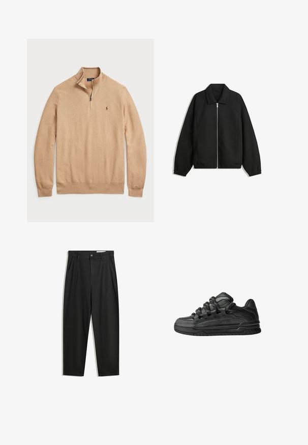 Fekete kabát texturált anyagból, teljes elöl cipzárral, gallérral és rugalmas mandzsettákkal, laza szabással és oldalsó zsebekkel.; Beige cipzáros pulóver struktúrált kötött anyagból, bordás mandzsettákkal és aljúval; kis logóval a mellen.; Fekete pamut nadrág laza szabással, klasszikus derékrésszel, elülső hajtásokkal és oldalsó zsebekkel. Simább textúra minta nélkül.; Fekete sportcipők sima bőrből készült felső résszel, struktúrált kiegészítőkkel, valamint kerek fekete és fehér fűzőkkel. Vastag gumitalp mintázott bordázattal.