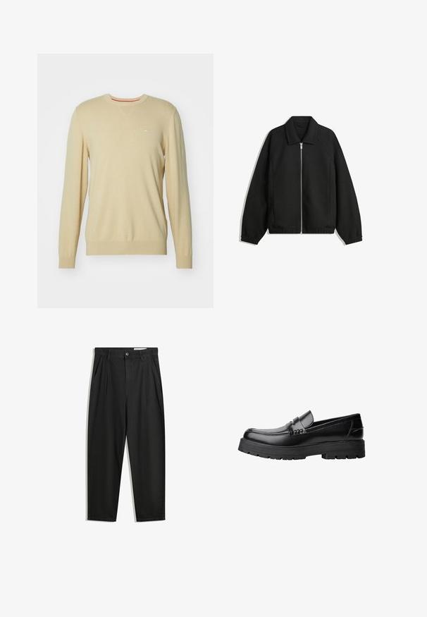 Schwarze Jacke aus strukturiertem Stoff, mit vollem Reißverschluss auf der Vorderseite, Kragen und elastischen Manschetten, im entspannten Schnitt und mit seitlichen Taschen.; Beige gestrickter Pullover mit langen Ärmeln, Rundhalsausschnitt, subtiler Struktur und kleinem Logo auf der Brust. Mit einem roten Detail am inneren Kragen akzentuiert.; Schwarze Baumwollhose mit lockerem Schnitt, ausgestattet mit einem klassischen Bund, vorderen Falten und Seiten taschen. Glatte Textur ohne Muster.; Schwarzer Lederloafer mit grobem, rutschfestem Sohlenprofil und dekorativem Riemen über der Oberseite, seitlich links auf weißem Hintergrund abgebildet.