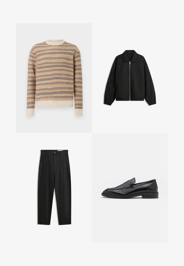 Črna jakna iz teksturirane tkanine, z dvostranskim zadrgo spredaj, ovratnikom in elastičnimi manšeti, sproščenega kroja in stranskimi žepi.; Pleten pulover v bež, rjavi in smetani barvi z vzorcem v oblikah zigzag. Ima okroglo izreznico in rebraste manšete ter rob.; Črne bombažne hlače s sproščenim krojem, ki vključujejo klasičen pas, sprednje gube in stranske žepke. Gladka tekstura brez vzorcev.; Črne usnjene loafersice z gladko površino, s zaobljenim prstom in ozkim pasom čez zgornji del. Nizek zložen petek.