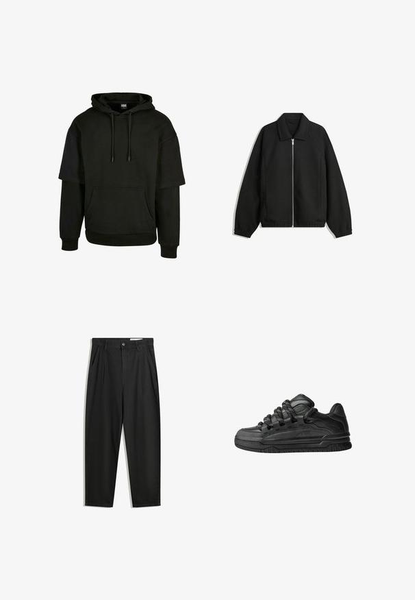 Čierna bunda vyrobená z textúrovaného materiálu, s plným predným zipsom, golierom a elastickými manžetami, so voľnejším strihom a bočnými vreckami.; Čierna mikina s kapucňou, predným vreckom typu klokanka, sťahovacou kapucňou a krátkymi rukávmi s predĺženými dizajnovými prvkami. Vyrobená z mäkkej, textúrovanej tkaniny.; Čierne bavlnené nohavice s voľným strihom, s klasickým pásom, prednými záhybmi a bočnými vreckami. Hladká textúra bez vzorov.; Čierne tenisky s hladkým koženým zvrškom, štruktúrovanými akcentami a okrúhlymi čierno-bielymi šnúrkami. Hrubá gumená podrážka s vzorovaným dezénom.