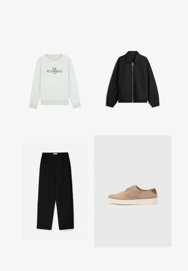 Jachetă neagră dintr-un material texturat, cu fermoar frontal complet, guler și manșete elastice, având o croială lejeră și buzunare laterale.; Scalpers ATELIER - Bluză de molton - light mint; Pantaloni negri, largi, confecționați dintr-un material ușor. Au o talie elastică și o textură netedă. Fără modele vizibile sau accesorii metalice.; Tenisi din suede bej cu vârf rotund, sistem de șireturi în față și un accent texturat în spate. Talpa albă din cauciuc oferă un contrast. Design simplu și modern.