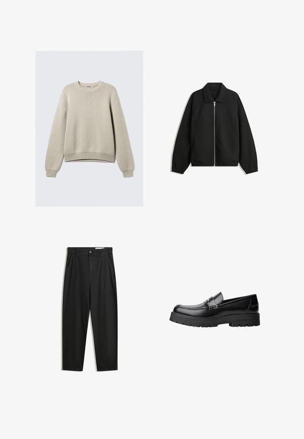 Schwarze Jacke aus strukturiertem Stoff, mit vollem Reißverschluss auf der Vorderseite, Kragen und elastischen Manschetten, im entspannten Schnitt und mit seitlichen Taschen.; Beige gestrickter Pullover mit Rundhalsausschnitt, langen Ärmeln und gerippten Bündchen und Saum. Verfügt über ein strukturiertes Muster im gesamten Kleidungsstück.; Schwarze Baumwollhose mit lockerem Schnitt, ausgestattet mit einem klassischen Bund, vorderen Falten und Seiten taschen. Glatte Textur ohne Muster.; Schwarzer Lederloafer mit grobem, rutschfestem Sohlenprofil und dekorativem Riemen über der Oberseite, seitlich links auf weißem Hintergrund abgebildet.