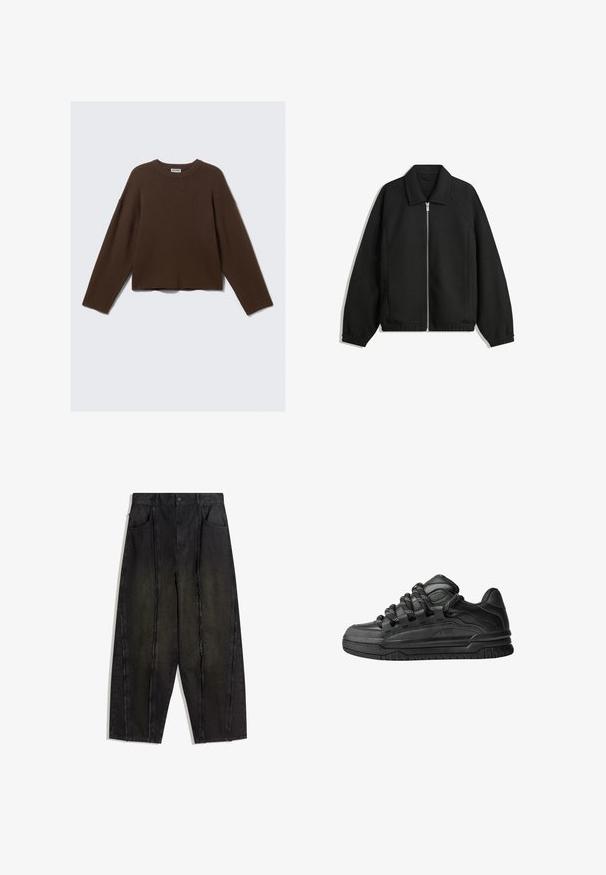 Veste noire en tissu texturé, dotée d'une fermeture éclair sur toute la longueur, d'un col et de poignets élastiques avec une coupe décontractée et des poches latérales.; Pull en maille à col rond en brun foncé, à manches longues et à coupe décontractée avec un col côtelé, présenté sur un fond clair uniforme.; Pantalon en denim noir à pattes larges avec des coutures visibles et des bords effilochés, doté de deux poches avant et d'une taille haute.; Baskets noires avec une tige en cuir lisse, des accents texturés et des lacets ronds noir et blanc. Semelle en caoutchouc épaisse avec un motif de semelle.