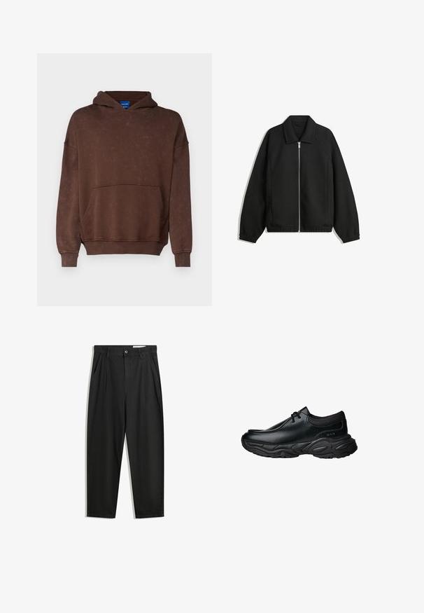 Black jacket made of textured fabric, featuring a full front zip, collar, and elastic cuffs with a relaxed fit and side pockets.; Brown hoodie featuring a front pocket, drawstring hood, and ribbed cuffs. The fabric has a textured, slightly worn appearance.; Black cotton trousers with a relaxed fit, featuring a classic waistband, front pleats, and side pockets. Smooth texture without patterns.; Black leather slip-on shoes with a rounded toe and thick textured rubber sole. Features subtle stitching and elastic accents at the collar.