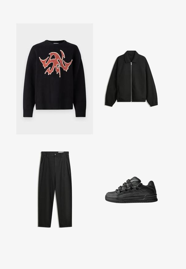 Black jacket made of textured fabric, featuring a full front zip, collar, and elastic cuffs with a relaxed fit and side pockets.; Black sweater with a crew neck featuring a textured, abstract red and cream design on the front. Ribbed cuffs and hem.; Black cotton trousers with a relaxed fit, featuring a classic waistband, front pleats, and side pockets. Smooth texture without patterns.; Black sneakers with a smooth leather upper, textured accents, and round black and white laces. Thick rubber sole with a patterned tread.