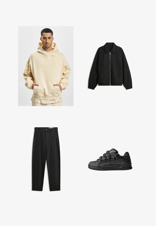 Černá bunda vyrobená z texturované látky, s plným předním zipem, límcem a elastickými manžetami, s volným střihem a bočními kapsami.; Béžová oversized mikina vyrobená z měkkého materiálu, s velkou přední kapsou a kapucí na šňůrku. Spodní lem obsahuje značkovou nášivku.; Černé bavlněné kalhoty s uvolněným střihem, klasickým pasem, předními záhyby a bočními kapsami. Hladká textura bez vzorů.; Černé tenisky s hladkým koženým svrškem, texturovanými akcenty a kulatými černobílými tkaničkami. Silná gumová podrážka s vzorovaným dezénem.