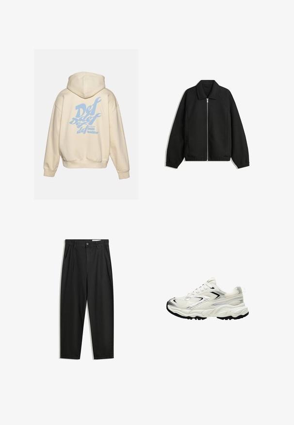 Čierna bunda vyrobená z textúrovaného materiálu, s plným predným zipsom, golierom a elastickými manžetami, so voľnejším strihom a bočnými vreckami.; DEF Mikina s kapucňou - beige; Čierne bavlnené nohavice s voľným strihom, s klasickým pásom, prednými záhybmi a bočnými vreckami. Hladká textúra bez vzorov.; Biele tenisky s hornou časťou z mriežky, striebornými detailmi, čiernou podrážkou a textúrovanými panelmi. Majú šnurovací dizajn a zaoblený tvar špičky.