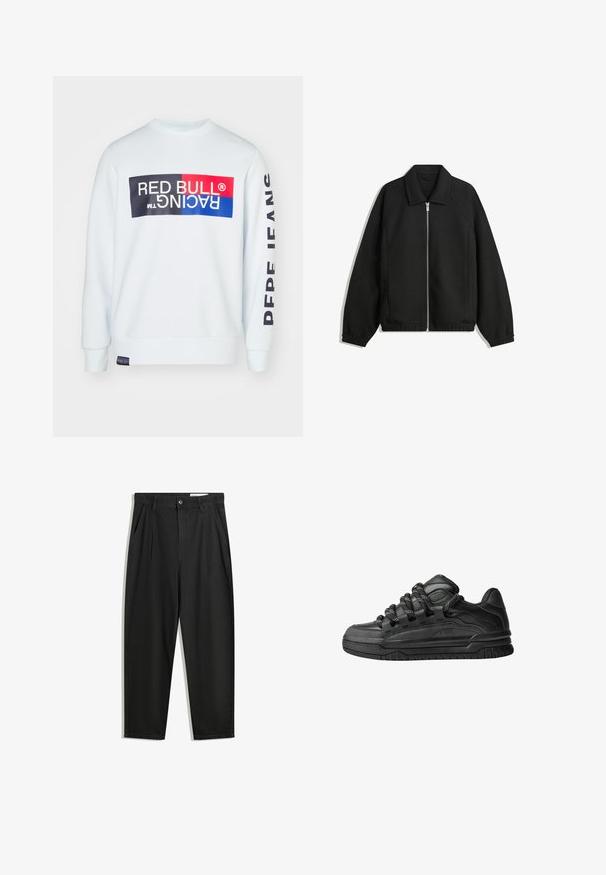 Černá bunda vyrobená z texturované látky, s plným předním zipem, límcem a elastickými manžetami, s volným střihem a bočními kapsami.; Bílá mikina se širším výstřihem, na přední straně má velké vícerozměrné logo Red Bull Racing a na rukávu text "FANS".; Černé bavlněné kalhoty s uvolněným střihem, klasickým pasem, předními záhyby a bočními kapsami. Hladká textura bez vzorů.; Černé tenisky s hladkým koženým svrškem, texturovanými akcenty a kulatými černobílými tkaničkami. Silná gumová podrážka s vzorovaným dezénem.