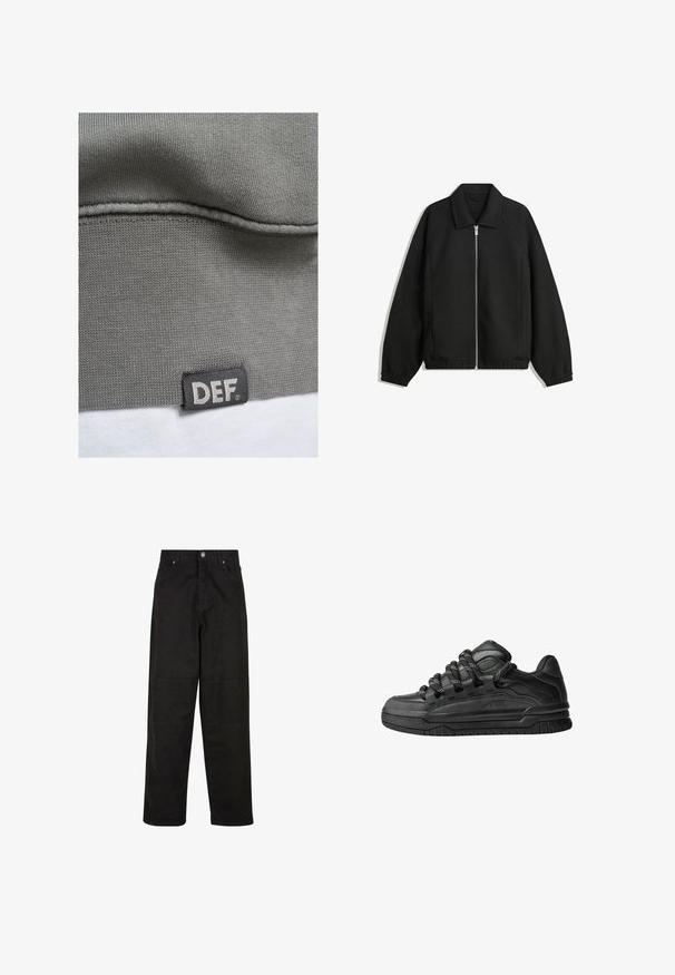 Zwarte jas van textuurstof, met een volledige rits aan de voorkant, een kraag, elastische manchetten, een ontspannen pasvorm en zijzakken.; Grijs sweatshirtmateriaal met een geribbeld patroon. Heeft een zwart etiket met witte tekst "DEF" aan de onderzoom. Glad oppervlak en een eenvoudig ontwerp.; Zwarte wijde katoenen broek met een gladde textuur, voorzien van twee voorkruiken, een knoopsluiting en een rechte snit.; Zwarte sneakers met een glad leren bovenwerk, gearceerde accenten en ronde zwart-witte veters. Dikke rubberen zool met een geprofileerd loopvlak.