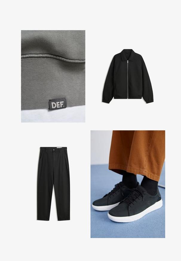 Musta takki, joka on valmistettu teksturoidusta kankaasta ja jossa on koko etuvetoketju, kaulus ja joustavat hihansuut. Takissa on rento istuvuus ja sivutaskut.; Harmaa collegekangas, jossa on ribbistä koostuva pinta. Alareunassa musta etiketti, jossa valkoisella tekstillä "DEF". Suora pinta ja yksinkertainen muotoilu.; Mustat puuvillahousut rentoa mallia, joissa on klassinen vyötärö, etukangastukset ja sivutaskut. Sileä pinta ilman kuvioita.; Musta mokkanahkakengät valkoisilla kumipohjilla, joissa on nauhakiinnitys, teksturoituja yksityiskohtia ja huomaamatonta brändäystä, yhdistettynä ruskeisiin housuihin.