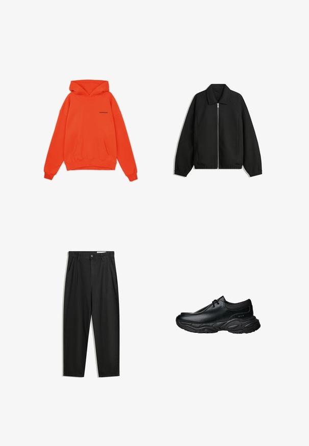 Sort jakke lavet af struktureret stof, med fuld frontlynlås, krave og elastiske mansjetter, i en afslappet pasform og sidelommer.; Orange hættetrøje med kengurulomme, ribbet manchetter og nederkant. Har et lille sort logo på brystområdet. Blød stoftekstur.; Sorte bomuldsbukser med en afslappet pasform, der har en klassisk talje, frontfolder og sidelommer. Glat tekstur uden mønstre.; Sorte læder slip-on sko med rund tå og tykk tekstureret gummisål. Har diskret syninger og elastiske detaljer ved kraven.