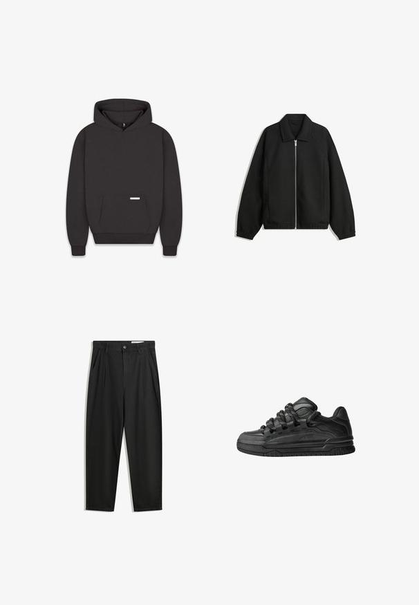 Black jacket made of textured fabric, featuring a full front zip, collar, and elastic cuffs with a relaxed fit and side pockets.; Black sweatshirt with a hood, front pocket, ribbed cuffs, and hem. Made of soft fabric with a tag on the pocket. Minimalist design.; Black cotton trousers with a relaxed fit, featuring a classic waistband, front pleats, and side pockets. Smooth texture without patterns.; Black sneakers with a smooth leather upper, textured accents, and round black and white laces. Thick rubber sole with a patterned tread.