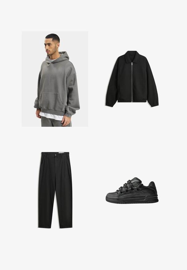 Schwarze Jacke aus strukturiertem Stoff, mit vollem Reißverschluss auf der Vorderseite, Kragen und elastischen Manschetten, im entspannten Schnitt und mit seitlichen Taschen.; DEF HERREN - Kapuzenpullover - anthracite washed; Schwarze Baumwollhose mit lockerem Schnitt, ausgestattet mit einem klassischen Bund, vorderen Falten und Seiten taschen. Glatte Textur ohne Muster.; Schwarze Sneakers mit einem glatten Leder-Obermaterial, strukturierten Akzenten und runden schwarz-weißen Schnürsenkeln. Dicke Gummisohle mit einem gemusterten Profil.