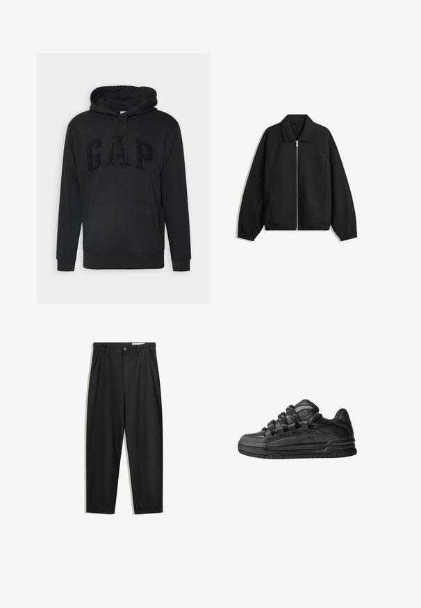Jachetă neagră dintr-un material texturat, cu fermoar frontal complet, guler și manșete elastice, având o croială lejeră și buzunare laterale.; Hanorac negru cu o mare buzunar frontal, glugă cu sireturi și logo-ul „GAP” embosat în aceeași culoare. Fabricat dintr-un material moale, cu manșete ribbate.; Pantaloni negri din bumbac cu croială lejeră, având un brâu clasic, plii frontale și buzunare laterale. Textură netedă fără modele.; Adidași negri cu o parte superioară din piele netedă, accente texturate și șireturi rotunde negre și albe. Talpă groasă din cauciuc cu un profil texturat.