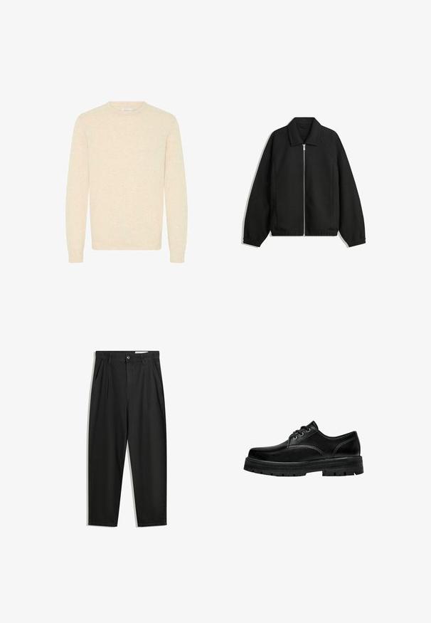 Giacca nera in tessuto texturizzato, con zip frontale a tutta lunghezza, colletto e polsini elasticizzati, dalla vestibilità rilassata e con tasche laterali.; Maglione beige chiaro realizzato in morbido tessuto a maglia, con scollatura rotonda e maniche lunghe, dotato di polsini e orlo a coste.; Pantaloni in cotone neri con una vestibilità rilassata, dotati di una vita classica, pieghe frontali e tasche laterali. Tessuto liscio senza fantasie.; Scarpa nera in pelle con lacci, punta arrotondata, finitura texturizzata e suola in gomma spessa con battistrada profondo per una migliore aderenza.