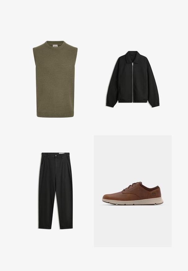 Črna jakna iz teksturirane tkanine, z dvostranskim zadrgo spredaj, ovratnikom in elastičnimi manšeti, sproščenega kroja in stranskimi žepi.; Svetra brez rokavov v olivno zeleni barvi, rebrasta pletenina, okrogla izrezana vratna obroba, ravna kroja in subtilna podrobnost na robu. Znamka vidna znotraj.; Črne bombažne hlače s sproščenim krojem, ki vključujejo klasičen pas, sprednje gube in stranske žepke. Gladka tekstura brez vzorcev.; Rjava usnjena tenisa z zaobljenim nosom, kontrastno bež podplatom in diskretnim logotipom na strani. Ima podrobno vezanje.