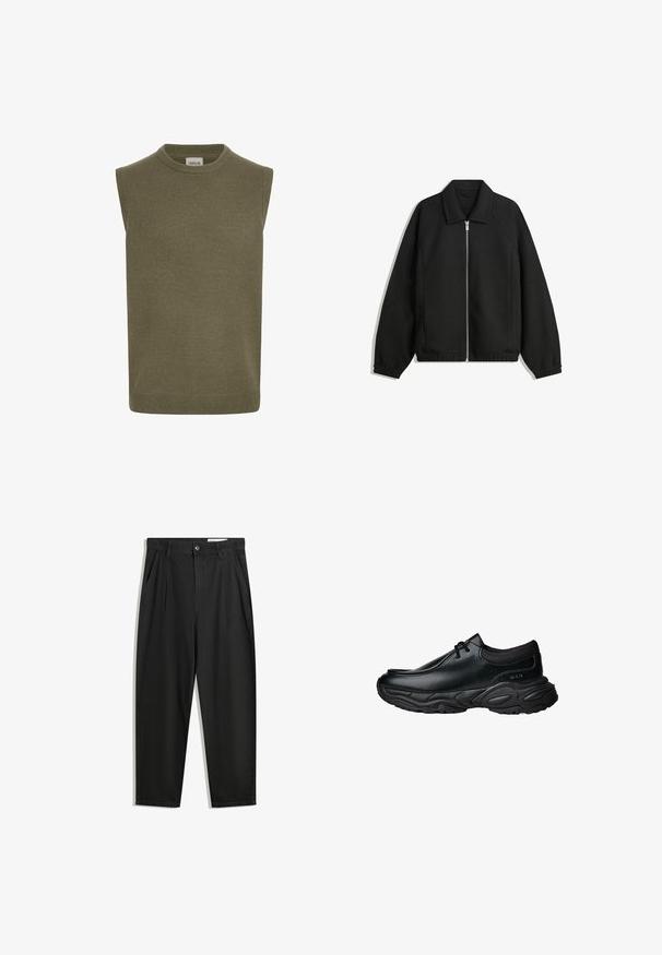 Zwarte jas van textuurstof, met een volledige rits aan de voorkant, een kraag, elastische manchetten, een ontspannen pasvorm en zijzakken.; Mouwloze trui in olijfgroen, geribbelde breistekstuur, ronde halslijn, rechte snit en subtiele zoomdetail. Merkenlabel zichtbaar aan de binnenkant.; Zwarte katoenen broeken met een losse pasvorm, voorzien van een klassieke tailleband, voorplooien en zijzakken. Gladde structuur zonder patronen.; Zwarte leren instapschoenen met een ronde neus en een dikke, gestructureerde rubberen zool. Bevat subtiele stiksels en elastische accenten bij de kraag.