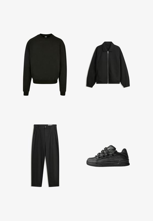 Crna jakna izrađena od teksturirane tkanine, s punim prednjim zatvaračem, ovratnikom i elastičnim manžetama, opuštenog kroja i bočnim džepovima.; Crni dukserica s okruglim izrezom, izrađena od pamučne kombinacije, s dugim rukavima i rebrastim manžetama i rubom. Jednostavan, jednobojan dizajn.; Crne pamučne hlače s opuštenim krojem, s klasičnim pojasom, prednjim nabranjima i bočnim džepovima. Glatka tekstura bez uzoraka.; Crne tenisice s glatkom kožnom gornjom površinom, teksturiranim detaljima i okruglim crnim i bijelim vezicama. Debeli gumeni potplat s uzorkom.
