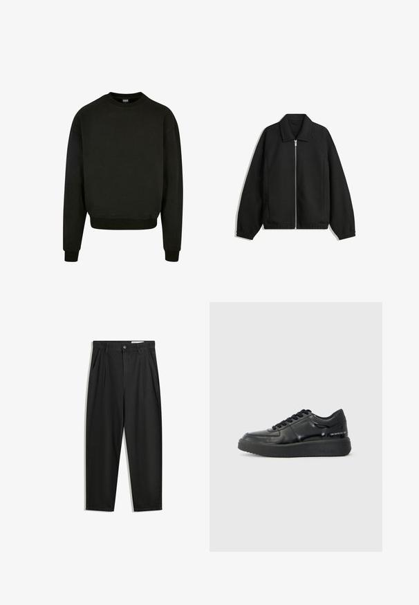 Crna jakna izrađena od teksturirane tkanine, s punim prednjim zatvaračem, ovratnikom i elastičnim manžetama, opuštenog kroja i bočnim džepovima.; Crni dukserica s okruglim izrezom, izrađena od pamučne kombinacije, s dugim rukavima i rebrastim manžetama i rubom. Jednostavan, jednobojan dizajn.; Crne pamučne hlače s opuštenim krojem, s klasičnim pojasom, prednjim nabranjima i bočnim džepovima. Glatka tekstura bez uzoraka.; Crne kožne tenisice s glatkom površinom, okruglim vrhom i kontrastnom crnom gumom. Ima ravne vezice i branding sa strane.