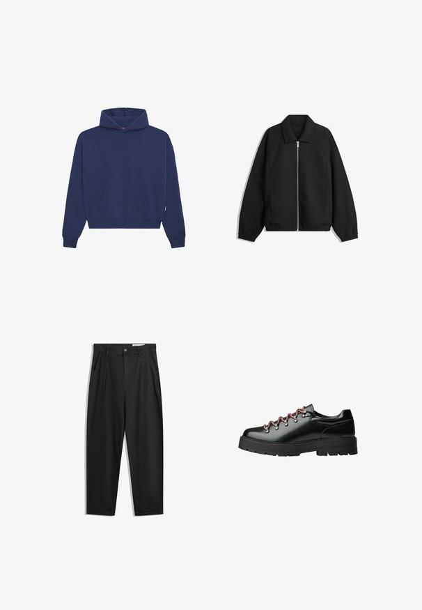 Černá bunda vyrobená z texturované látky, s plným předním zipem, límcem a elastickými manžetami, s volným střihem a bočními kapsami.; Námořnická modrá mikina z fleece materiálu, s přední klokaní kapsou, žebrovanými manžetami a volným střihem s kapucí na šňůrku.; Černé bavlněné kalhoty s uvolněným střihem, klasickým pasem, předními záhyby a bočními kapsami. Hladká textura bez vzorů.; Černá kožená turistická bota s červenými a bílými tkaničkami, velkými očky a silnou podešví se vzorkem pro lepší přilnavost a stabilitu.