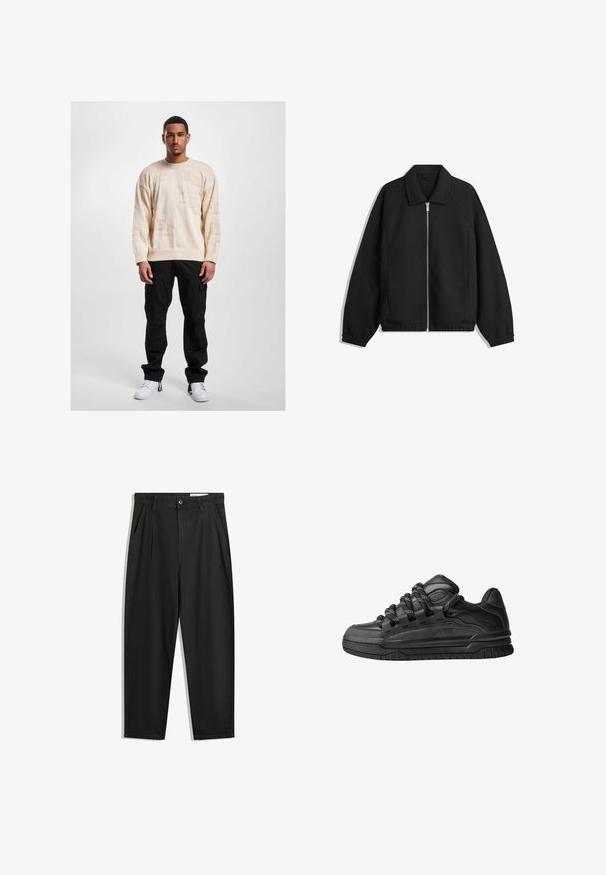 Black jacket made of textured fabric, featuring a full front zip, collar, and elastic cuffs with a relaxed fit and side pockets.; Beige knitted sweater with embossed patterns, crew neck, and dropped shoulders, paired with black cargo pants and white sneakers.; Black cotton trousers with a relaxed fit, featuring a classic waistband, front pleats, and side pockets. Smooth texture without patterns.; Black sneakers with a smooth leather upper, textured accents, and round black and white laces. Thick rubber sole with a patterned tread.