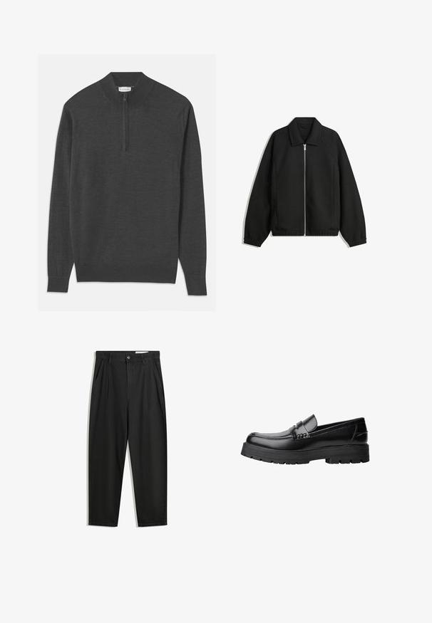 Črna jakna iz teksturirane tkanine, z dvostranskim zadrgo spredaj, ovratnikom in elastičnimi manšeti, sproščenega kroja in stranskimi žepi.; Temno siva pulover majica z zadrgo na vratu, dolgimi rokavi, rebrastimi manšeti in robom, izdelana iz mehkega blaga z gladko teksturo.; Črne bombažne hlače s sproščenim krojem, ki vključujejo klasičen pas, sprednje gube in stranske žepke. Gladka tekstura brez vzorcev.; Črne usnjene loafersice s debelim profiliranim podplatom in dekorativnim pasom čez zgornji del, prikazane v levem stranskem profilu na beli podlagi.