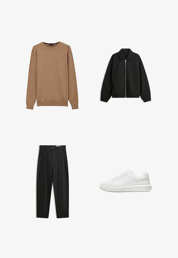 Schwarze Jacke aus strukturiertem Stoff, mit vollem Reißverschluss auf der Vorderseite, Kragen und elastischen Manschetten, im entspannten Schnitt und mit seitlichen Taschen.; Brauner gestrickter Pullover mit Rundhalsausschnitt, langen Ärmeln und gerippten Bündchen und Saum, der eine glatte Textur und ein lässiges Design aufweist.; Schwarze Baumwollhose mit lockerem Schnitt, ausgestattet mit einem klassischen Bund, vorderen Falten und Seiten taschen. Glatte Textur ohne Muster.; Weißer Sneaker mit einem glatten synthetischen Obermaterial, runder Spitze, flachen Schnürsenkeln, strukturiertem Sohlen und einem geschichteten, Plattform-Design für zusätzlichen Halt.
