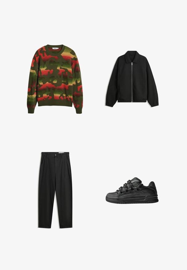 Jachetă neagră dintr-un material texturat, cu fermoar frontal complet, guler și manșete elastice, având o croială lejeră și buzunare laterale.; Pulover tricotat verde cu un model de camuflaj, având accente roșii și galbene. Guler clasic și manșete și tiv raglan cu textură rib. ; Pantaloni negri din bumbac cu croială lejeră, având un brâu clasic, plii frontale și buzunare laterale. Textură netedă fără modele.; Adidași negri cu o parte superioară din piele netedă, accente texturate și șireturi rotunde negre și albe. Talpă groasă din cauciuc cu un profil texturat.