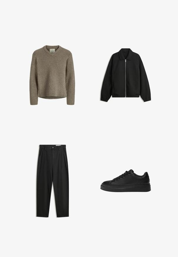 Crna jakna izrađena od teksturirane tkanine, s punim prednjim zatvaračem, ovratnikom i elastičnim manžetama, opuštenog kroja i bočnim džepovima.; Bežani rebrasti pleteni pulover s V-izrezom i dugim rukavima. Mekana tekstura, opušteni kroj i ravni rub bez bočnih proreza.; Crne pamučne hlače s opuštenim krojem, s klasičnim pojasom, prednjim nabranjima i bočnim džepovima. Glatka tekstura bez uzoraka.; Crne tenisice od glatke kože, s okruglim vrhom, debelim platformom i klasičnim vezanjem s šest rupica.