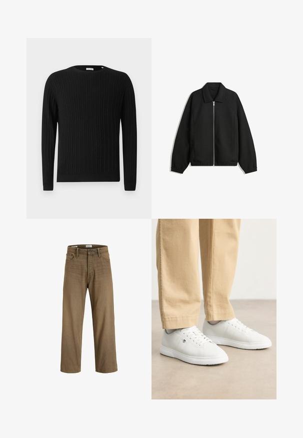 Musta takki, joka on valmistettu teksturoidusta kankaasta ja jossa on koko etuvetoketju, kaulus ja joustavat hihansuut. Takissa on rento istuvuus ja sivutaskut.; Musta kabelineulepaita pitkähihaisilla ja pyöreällä pääntiellä. Omistaa tekstuurisen kuosin sekä ribbaamalla viimeistellyt hihansuut ja helman.; Ruskeat farkut rentoja istuvuutta, joissa on klassinen viiden taskun malli, napp closure ja hillitty kuluminen. Suora lahkeensuukappale.; Valkoiset nahkakengät, joissa on sileä pinta, pyöreä kärki, nauhakiinnitys ja hienovarainen logoyksityiskohta sivussa, yhdistettynä beigeihin housuihin.